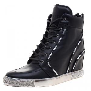 Pre Owned Casadei Black Leather Chain Detail Wedge Sneakers Size 40