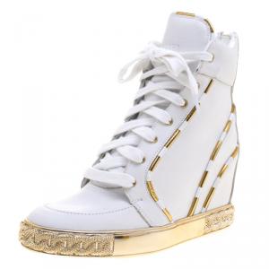 Pre Owned Casadei White and Gold Leather High Top Wedge Sneakers Size 36
