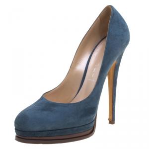 Pre Owned Casadei Denim Blue Suede Platform Pumps Size 39