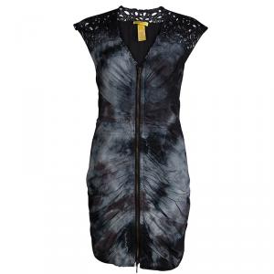 Catherine Malandrino Monochrome Tie-Dyed Cotton Ruched Sleeveless Double Zipper Dress S