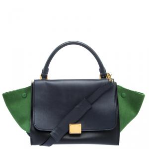 Pre Owned Celine Black/Green Leather and Suede Small Trapeze Tote
