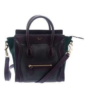 Celine Dark Brown/Green Leather and Suede Nano Luggage Tote