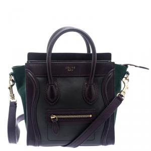 Pre Owned Celine Dark Brown/Green Leather and Suede Nano Luggage Tote