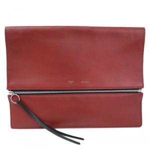 Pre Owned Celine Bordeaux Leather Oversized Zip Clutch Bag
