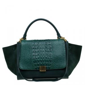 Celine Emerald Croc Stamped Leather Medium Trapeze Bag