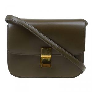 Pre Owned Celine Olive Green Leather Medium Classic Box Shoulder Bag