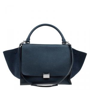 Pre Owned Celine Navy Blue Leather and Suede Medium Trapeze Bag