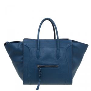 Pre Owned Celine Blue Pebbled Leather Mini Phantom Luggage Tote