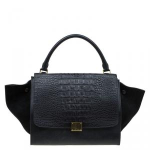 Pre Owned Celine Black Hornback Croc Leather Small Trapeze Top Handle Bag