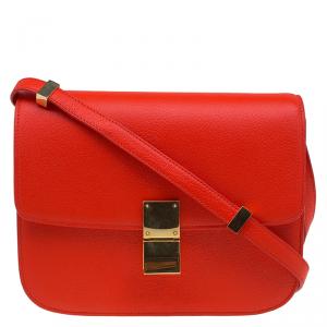 Pre Owned Celine Red Orange Leather Medium Classic Box Shoulder Bag