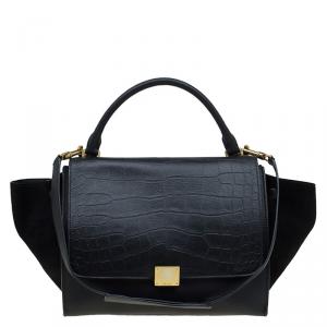 Pre Owned Celine Black Croc Embossed Leather Medium Trapeze Tote