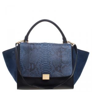 Pre Owned Celine Bi Color Python/Leather and Suede Medium Trapeze Tote