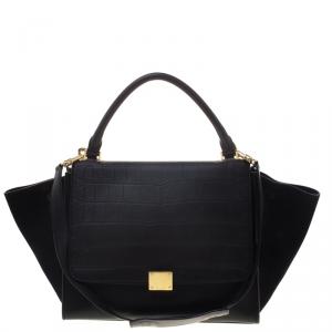 Pre Owned Celine Black Croc Embossed Leather and Suede Medium Trapeze Tote