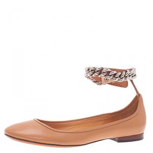 Pre Owned Celine Beige Leather Chain Ankle Strap Ballet Flats Size 38