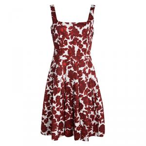 Pre Owned CH Carolina Herrera Red Floral Printed Pleat Detail Sleeveless Dress M
