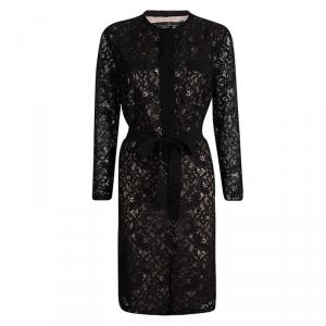 Pre Owned CH Carolina Herrera Black Floral Lace Belted Long Sleeve Dress S