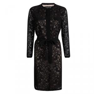 Pre Owned CH Carolina Herrera Black Floral Lace Belted Long Sleeve Dress M