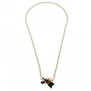 Carolina Herrera Faux Pearl Gold Tone CH Logo Long Necklace