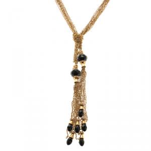 Pre Owned CH Carolina Black Crystals Gold Tone Multi Chain Lariat Necklace