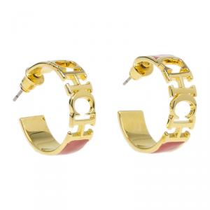 Pre Owned Carolina Herrera CH Red Gold Tone hoop Earrings