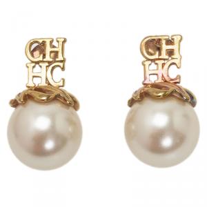 Pre Owned Carolina Herrera CH Faux Pearl Gold Tone Earrings