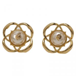 Pre Owned Carolina Herrera CH Faux Pearl Gold Tone Stud Earrings