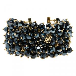 Pre Owned CH Carolina Herrera Blue Beads Gold Tone Bracelet