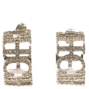 Pre Owned CH Carolina Herrera Crystal Studded Logo Silver Tone Earrings