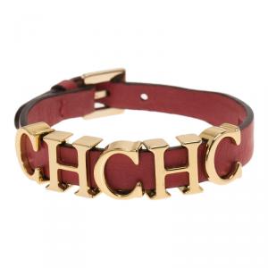 Pre Owned Carolina Herrera CH Logo Red Leather Gold Tone Bracelet
