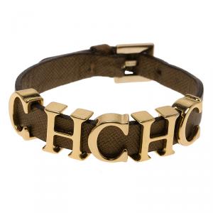 Pre Owned CH Carolina Herrera Logo Brown Leather Gold Tone Bracelet