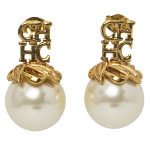 Pre Owned CH Carolina Herrera Logo Pearl Gold Tone Metal Earrings