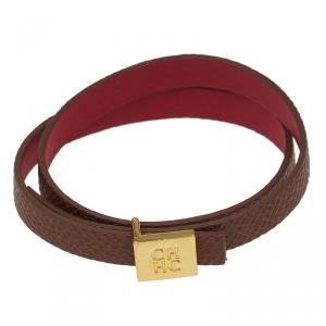 Pre Owned CH Carolina Herrera Brown Red Double Wrap Leather Gold Tone Bracelet