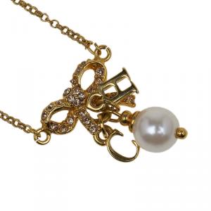 Pre Owned Ch Carolina Herrera Ribbon Drop Crystal Faux Pearl Gold Tone Necklace