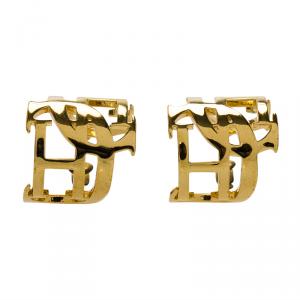 Pre Owned CH Carolina Herrera Logo Gold Tone Huggie Earrings