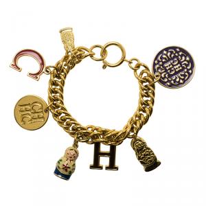 Pre Owned Carolina Herrera Enameled Logo Russian Doll Gold Tone Charm Bracelet 20cm