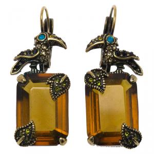 Pre Owned CH Carolina Herrera Orange Crystal & Gold Tone Bird Dangle Earrings 
