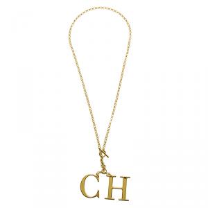 Pre Owned CH Carolina Herrera Logo Charm Pendant Gold Tone Long Necklace
