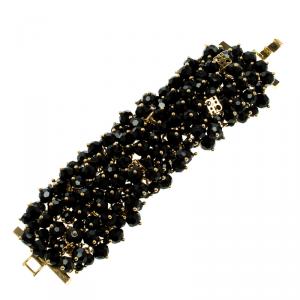 Pre Owned CH Carolina Herrera Black Beads Gold Tone Cuff Bracelet 15.50 cm