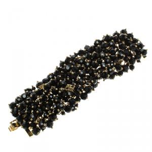 Pre Owned CH Carolina Herrera Black Beads Gold Tone Wide Bracelet 15cm