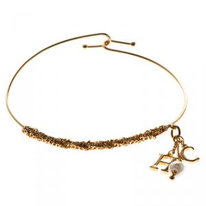 Pre Owned CH Carolina Herrera Logo and Faux Pearl Charm Gold Tone Bracelet 17cm