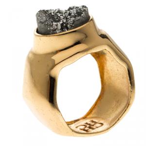 Pre Owned Carolina Herrera Hematite Druzy Gold Tone Ring Size 56