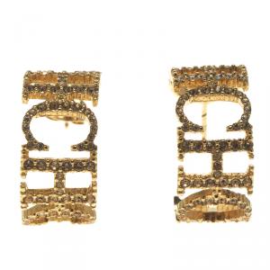 Pre Owned Carolina Herrera Crystal Studded Logo Gold Tone Hoop Earrings