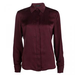 Pre Owned CH Carolina Herrera Red Logo Printed Silk Button Front Shirt L
