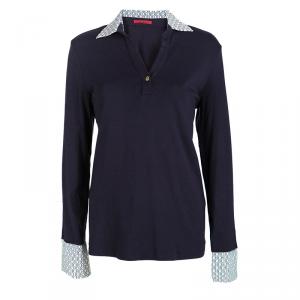 Pre Owned CH Carolina Herrera Navy Blue Logo Trim Detail Long Sleeve Blouse L