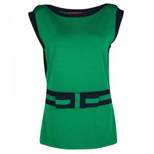 Pre Owned CH Carolina Herrera Green Knit Contrast Trim Bow Detail Sleeveless Top L