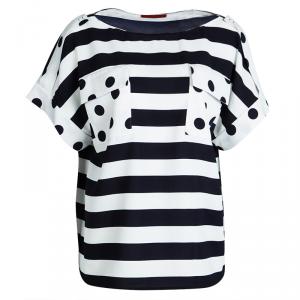 Pre Owned CH Carolina Herrera Navy Blue and White Striped and Polka Dotted Top M