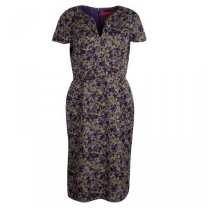 Pre Owned CH Carolina Herrera Mulitcolor Textured Floral Print Short Sleeve Sheath Dress L