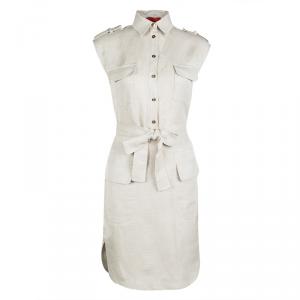 Pre Owned CH Carolina Herrera Beige Textured Sleeveless Belted Shirt Dress S