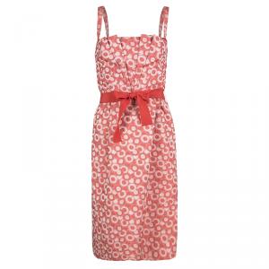 Pre Owned Carolina Herrera Red Cotton Jacquard Belted Sleeveless Dress M