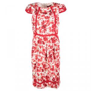 Pre Owned CH Carolina Herrera Red and White Floral Printed Cap Sleeve Dress L